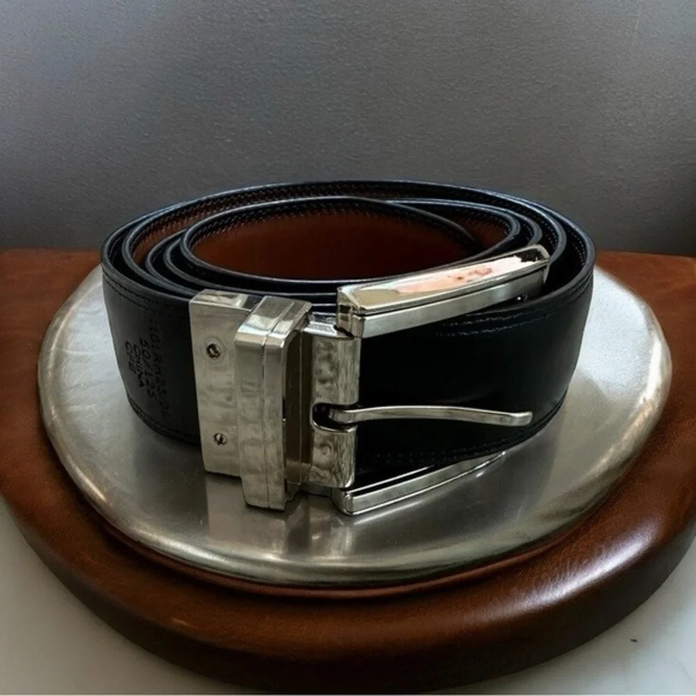 Mens Black Genuine Leather Silver Buckle Dress Belt Sz 50 Waist Excellent